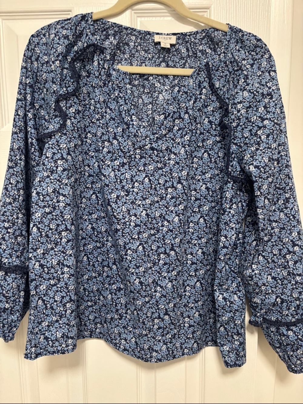 J. Crew Navy and Light Blue Floral Ruffle Blouse